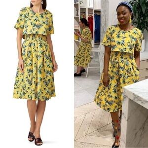 AUTUMN ADEIGBO Yellow Palm Leaf Jungle Print Short‎ Sleeve Popover Midi Dress 4